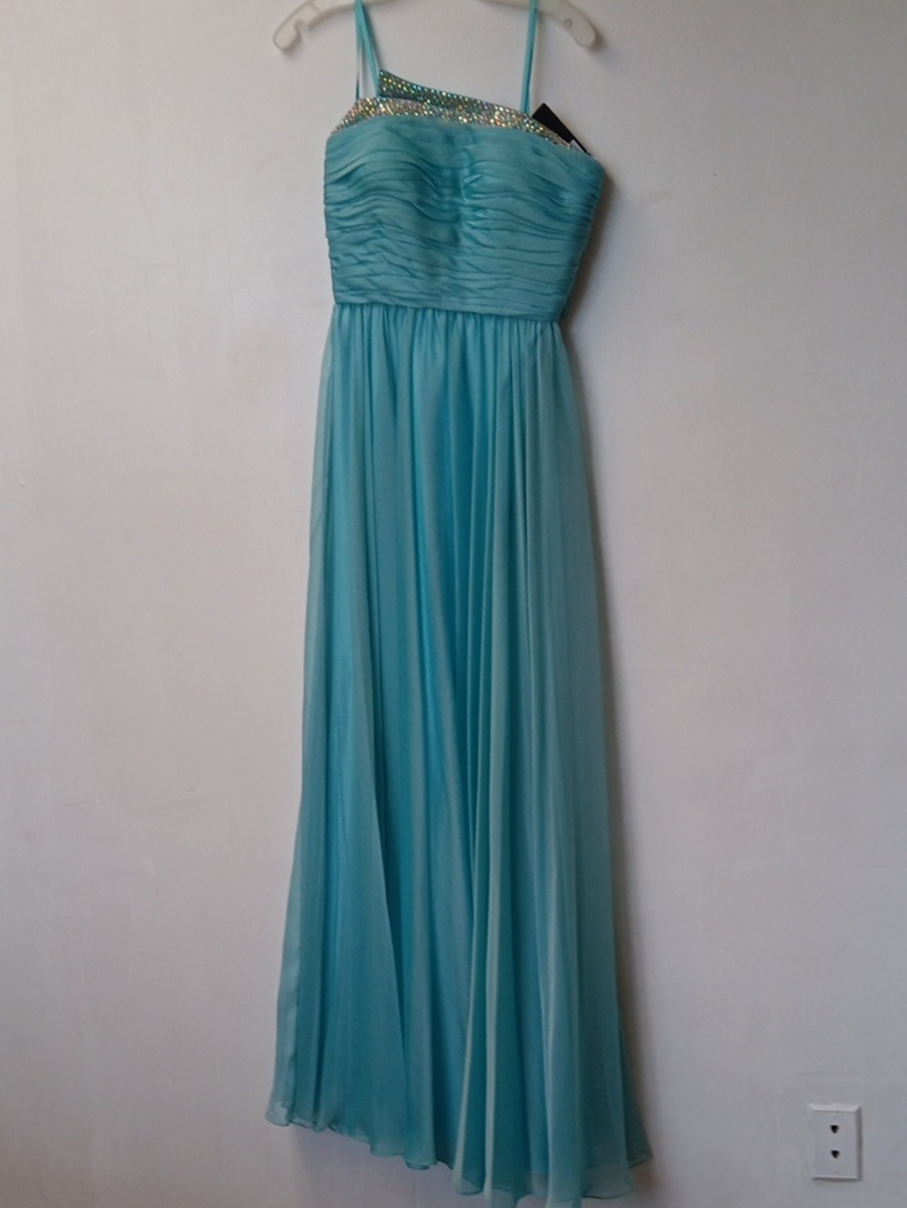 La Femme Aqua Chiffon Beaded Strap Maxi Dress